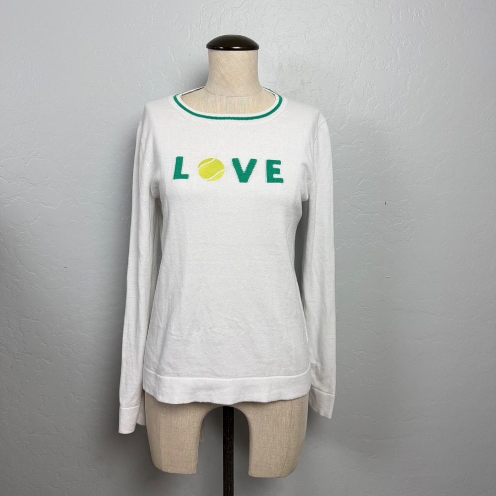 J.Crew Teddie Sweater Womens Small White Cotton Love Tennis Ball Graphic Knit